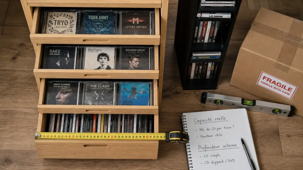 Colonne range CD en bois : dimensions, capacité réelle et livraison à vérifier