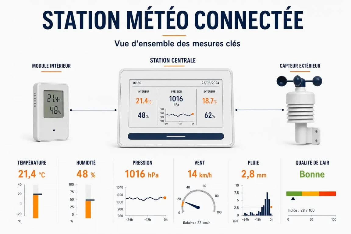 Station météo connectée avec capteurs de température, humidité, vent et pluie