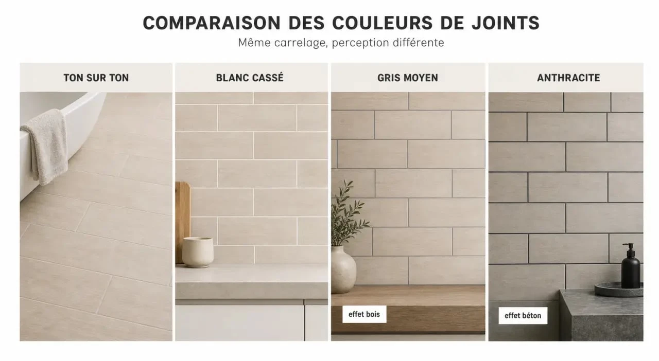 Couleur joint carrelage : comparaison visuelle entre ton sur ton et contraste sur différents carreaux