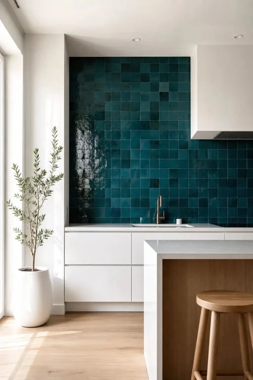 Cuisine moderne avec crédence en carreaux bleu canard pour une décoration élégante