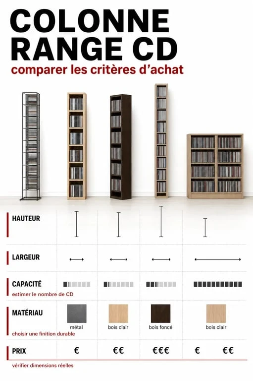 Colonne range CD : comparaison visuelle des dimensions, de la capacité et des matériaux