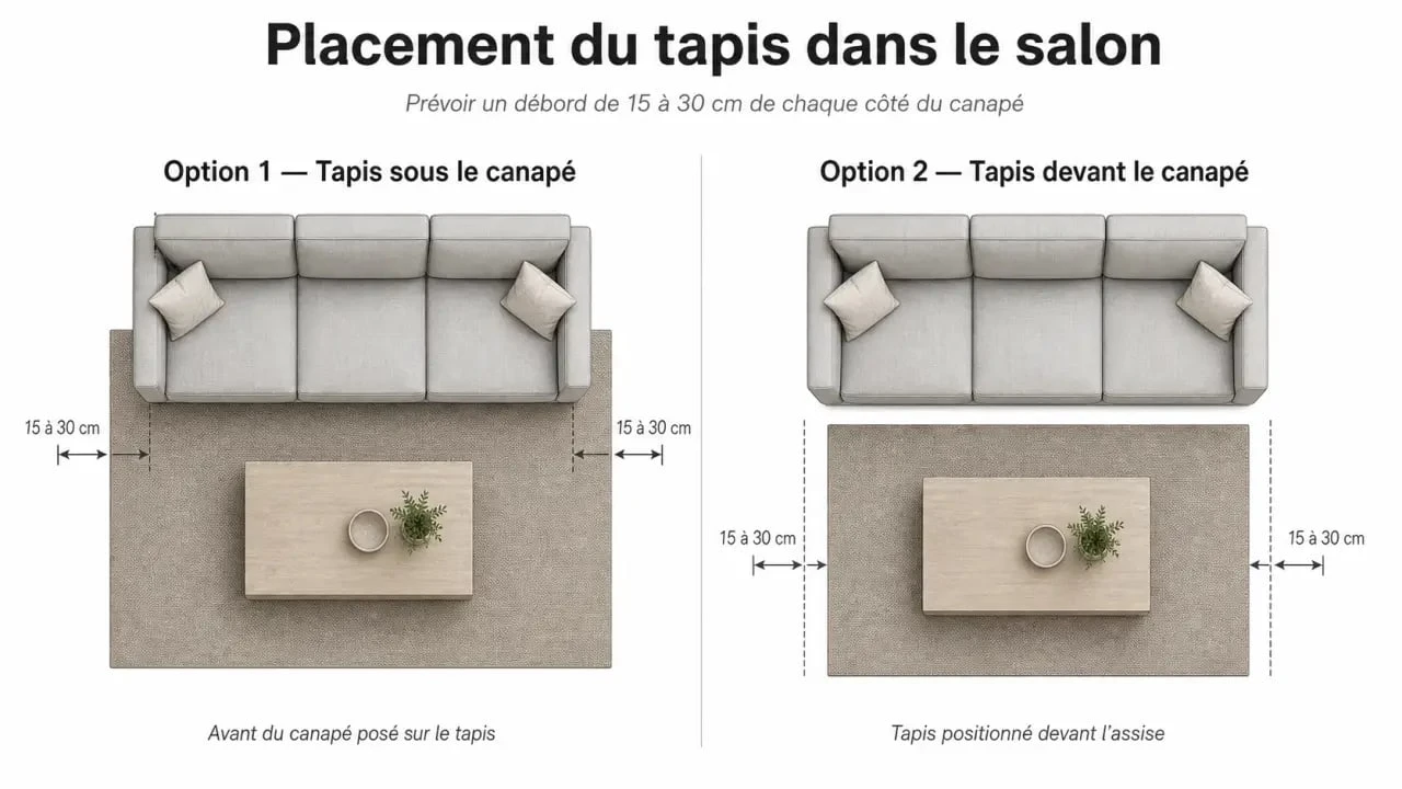 Schéma illustrant le placement idéal d'un tapis sous un canapé avec les règles de débord pour une décoration harmonieuse