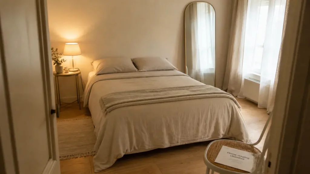 Home staging chambre : chambre lumineuse et dégagée, lit et miroir