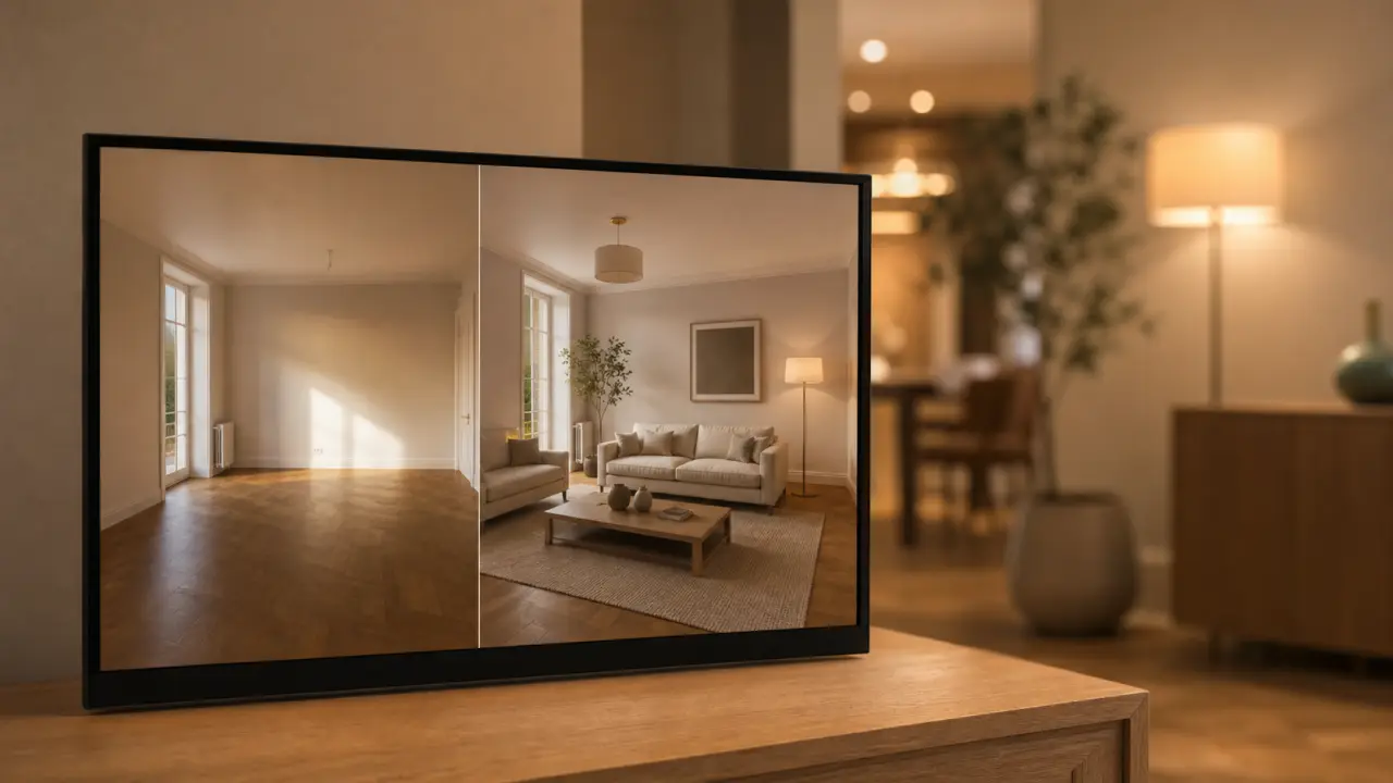 Home staging virtuel : salon vide avec meubles 3D (avant/après)