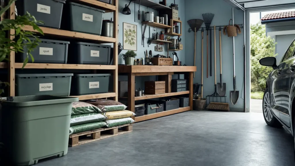 Ranger garage avec sol dégagé, zones et outils muraux