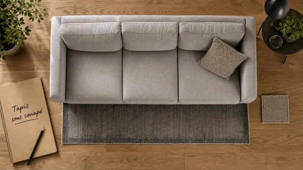 Tapis sous canapé : tapis partiellement sous les pieds du canapé