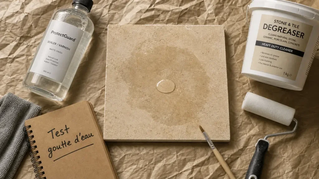 Vitrifier le carrelage : test goutte sur carrelage ancien, flacon et rouleau vernis