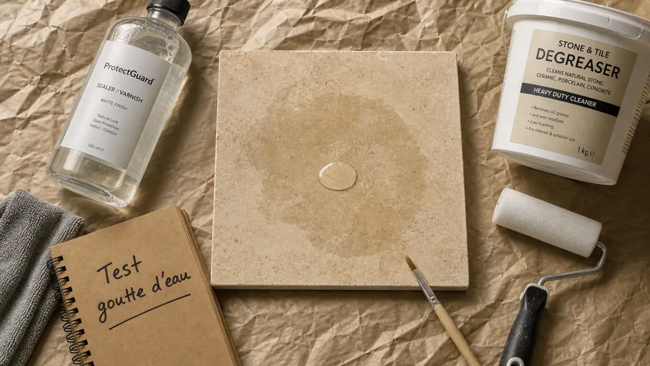 Vitrifier le carrelage : test goutte sur carrelage ancien, flacon et rouleau vernis