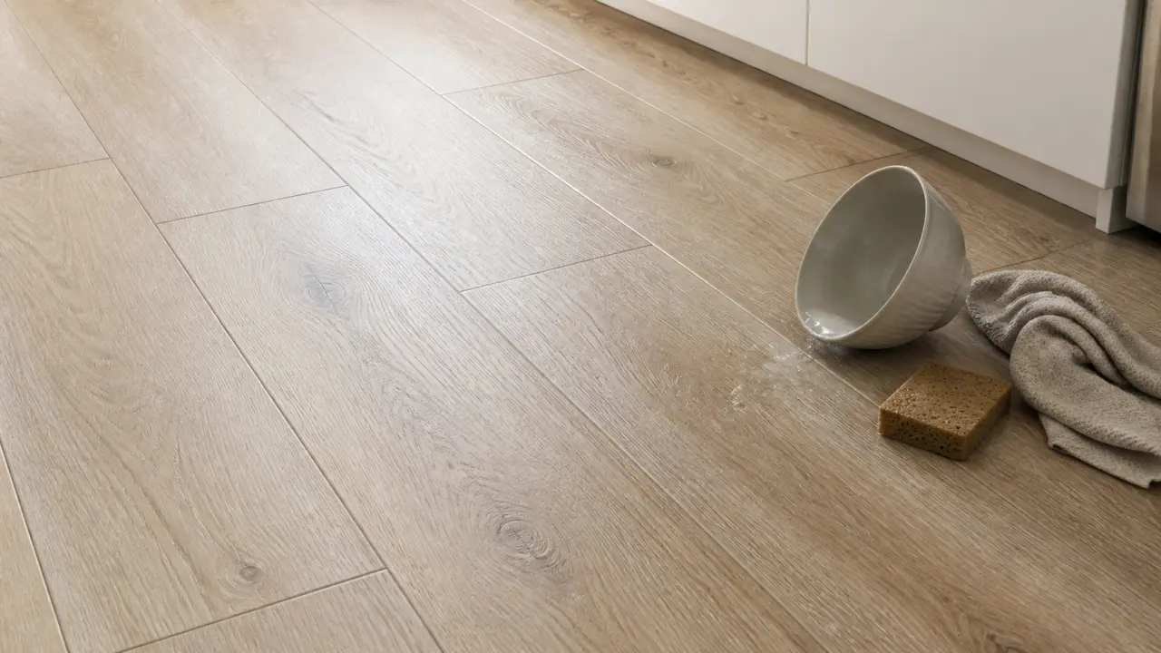 Carrelage parquet cuisine imitation bois, joints sable, sol facile à nettoyer