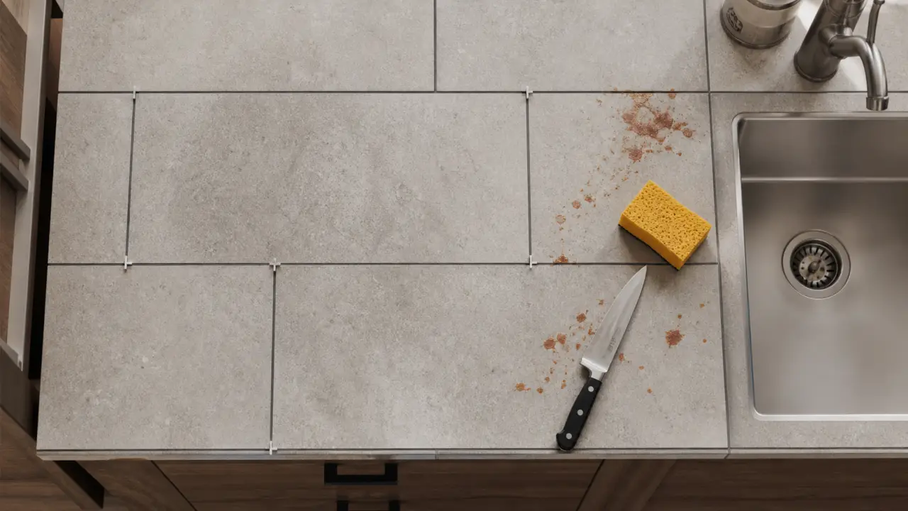 Carrelage plan de travail joints 2 mm, grès cérame à nettoyer