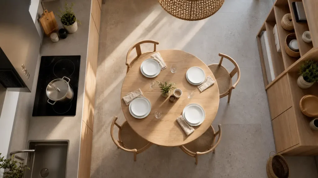 Cuisine et salle a manger ouvertes : table et rangement ordonné, vue zénithale