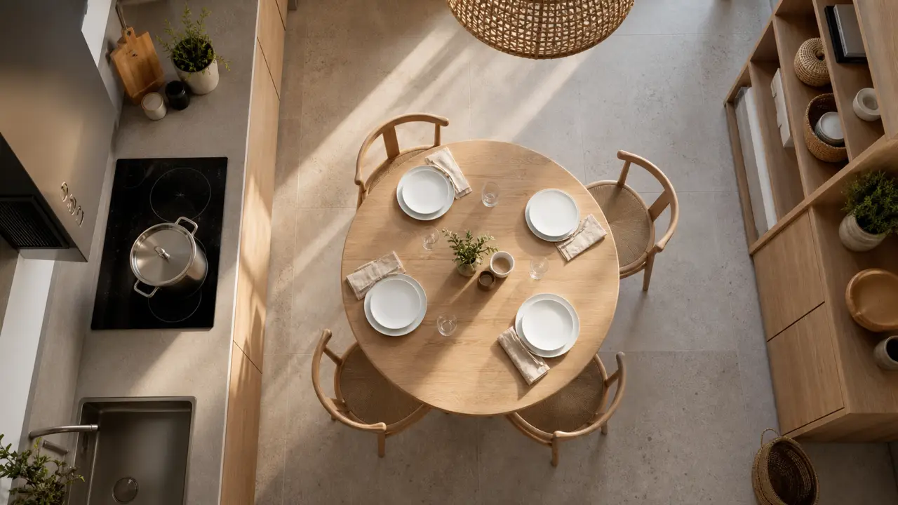 Cuisine et salle a manger ouvertes : table et rangement ordonné, vue zénithale
