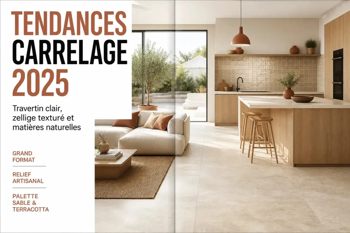 Carrelage tendance 2025 en intérieur avec travertin clair, zellige et tons naturels