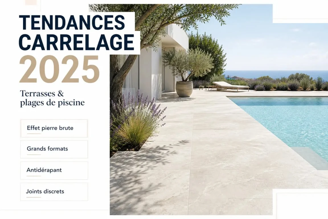 Carrelage tendance 2025 en terrasse et piscine avec effet pierre brute antidérapant