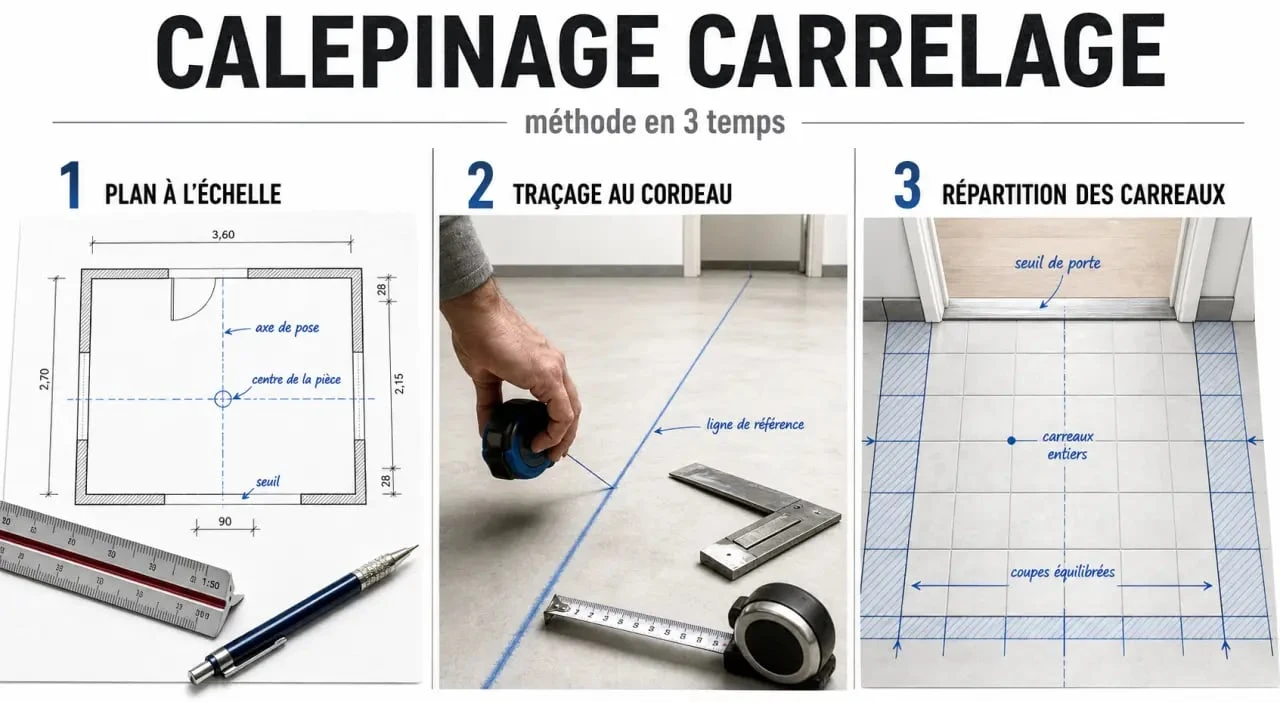 Calepinage carrelage : plan à l’échelle et tracé des coupes avant pose