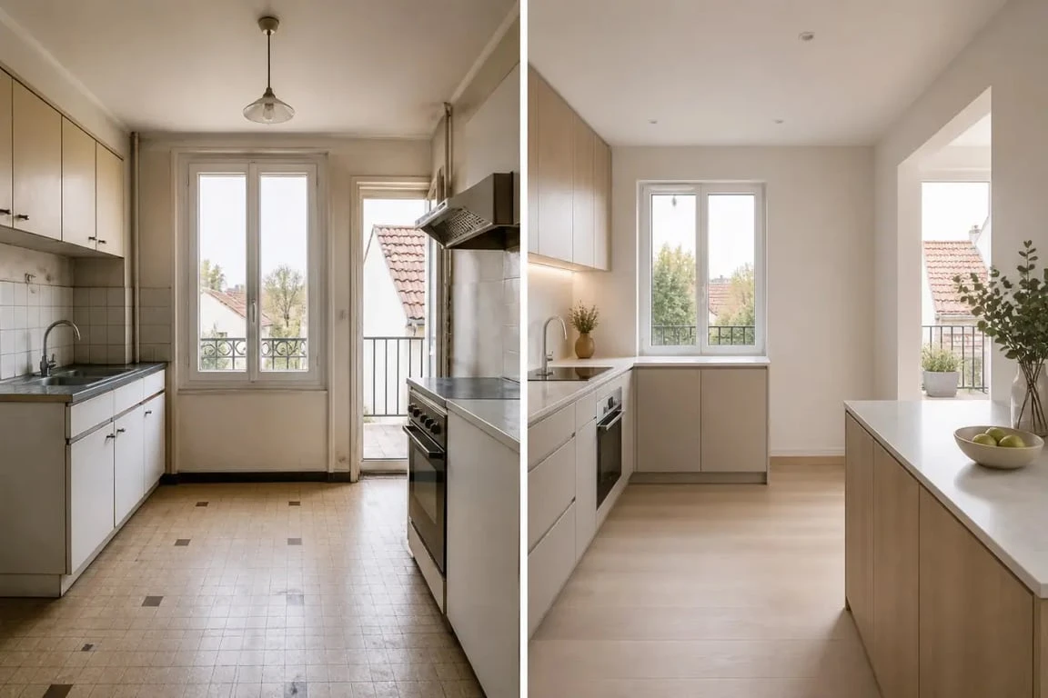 Rénovation intérieure bry sur marne d’une cuisine d’appartement ancien avec vue avant/après