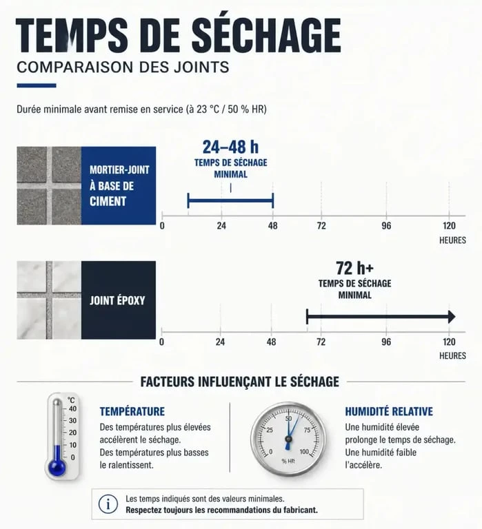 Infographie comparative des temps de séchage joint carrelage selon le type de mortier