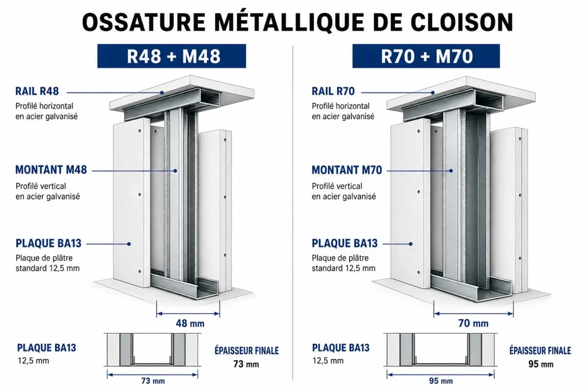 Schéma éditorial d'un rail pour placo R48 et R70 avec montants compatibles M48 et M70