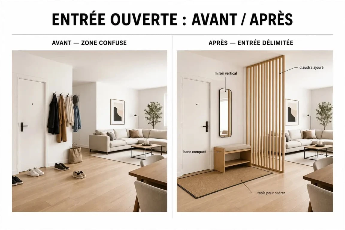 Délimiter une entrée dans un salon avec avant/après d’un espace ouvert et d’une entrée structurée