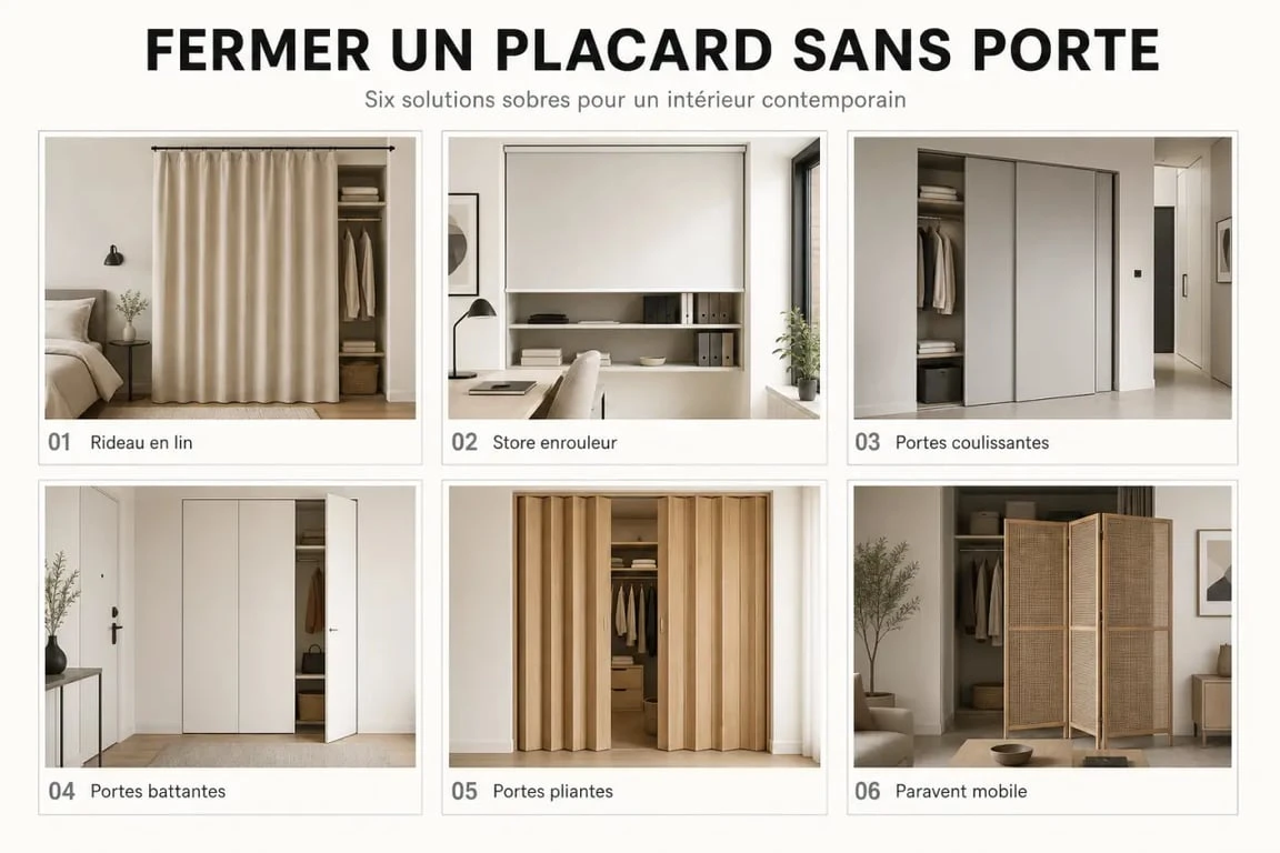 Idée pour fermer un placard sans porte : comparaison visuelle des solutions rideau, store, coulissantes et battantes