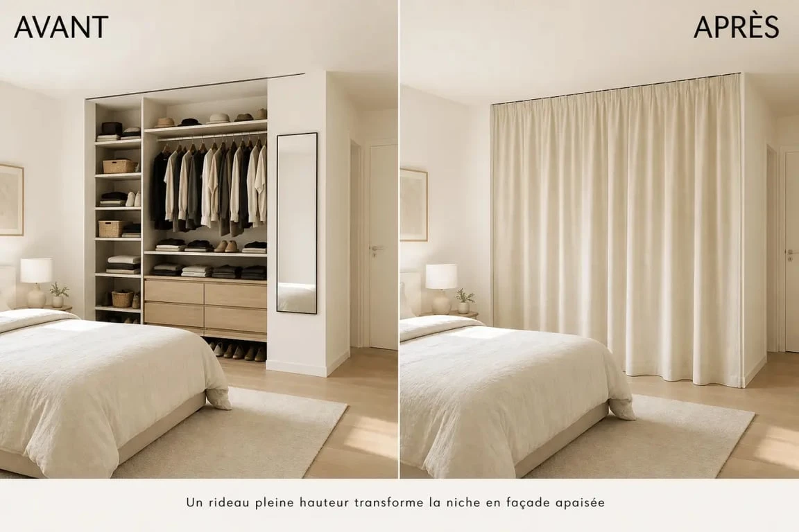 Idée pour fermer un placard sans porte : avant-après avec rideau pleine hauteur dans une chambre
