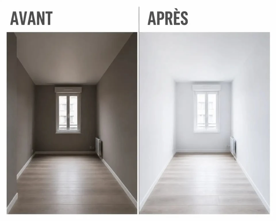 Agrandir piece peinture : avant/après d’une petite pièce transformée par des couleurs claires pour paraître plus grande
