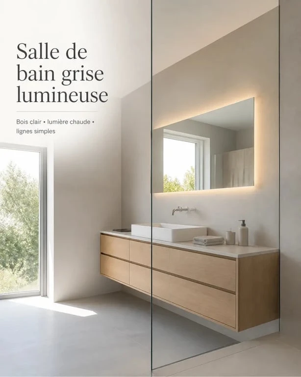 Petite salle de bain grise lumineuse avec miroir large, bois clair et murs gris perle