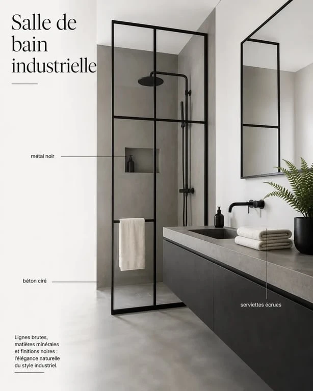 Salle de bain grise style industriel avec anthracite, métal noir et béton ciré