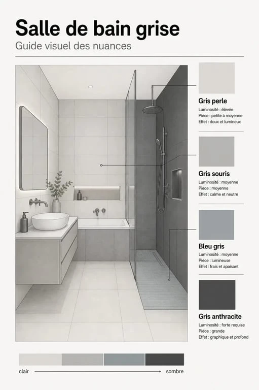 Salle de bain grise en infographie comparant les nuances selon la lumière et la taille de la pièce
