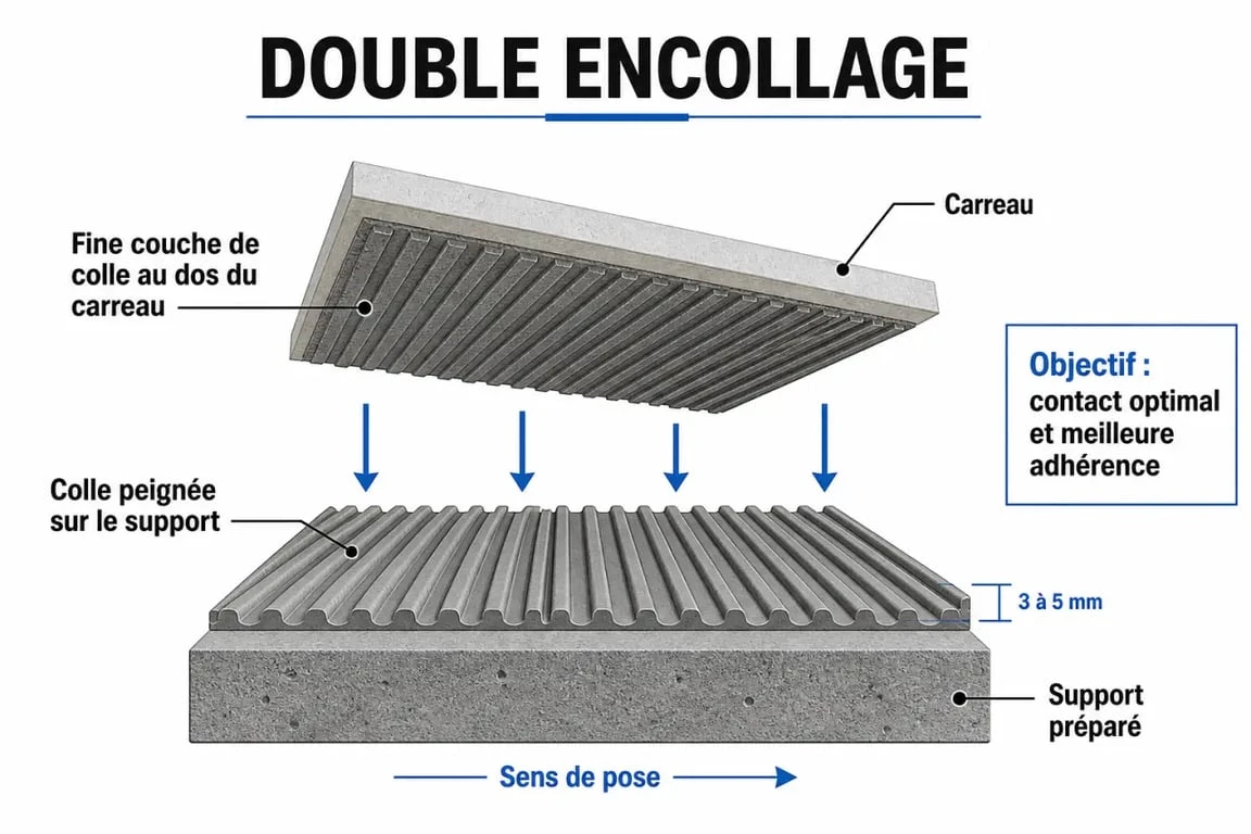 Schéma du double encollage pour la pose de carrelage
