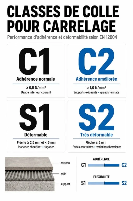 Tableau des classes de colle et joint pour carrelage C1 C2 S1 S2