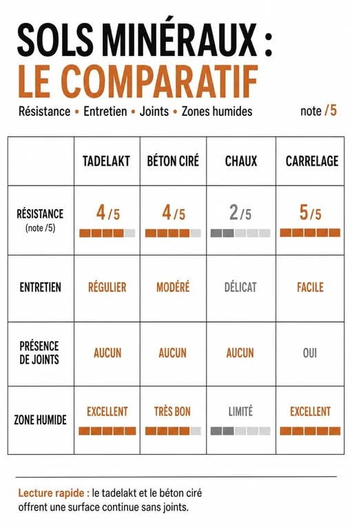 Comparatif sol tadelakt, béton ciré, chaux et carrelage