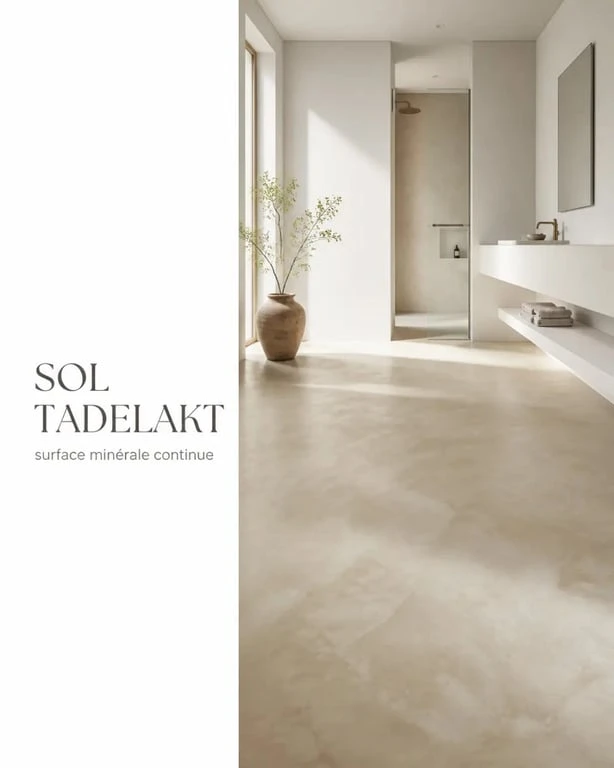 Sol tadelakt dans une salle de bains contemporaine, rendu minéral continu