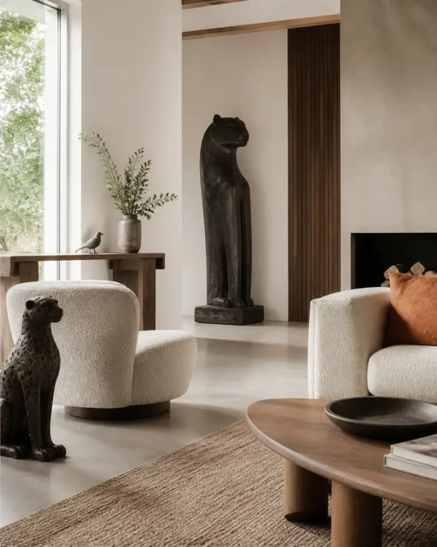 Animaux décoration intérieure dans un salon contemporain avec figurines et statues décoratives