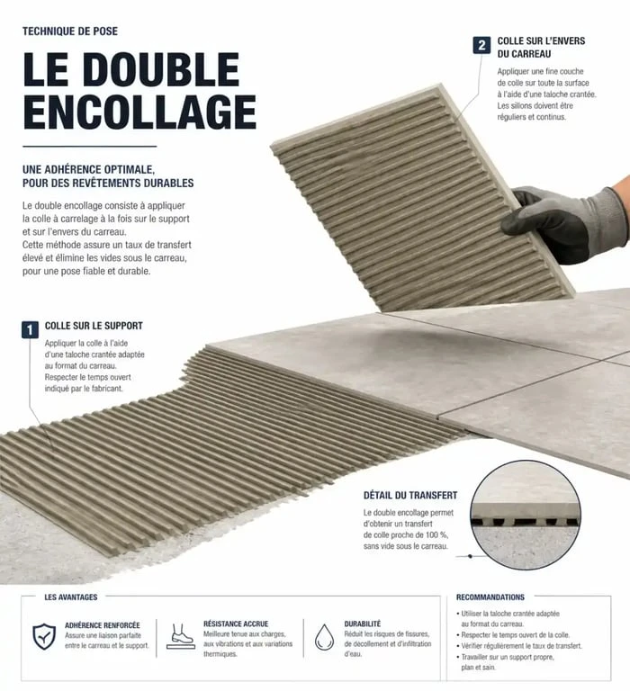 Schéma explicatif de la technique du double encollage pour carrelage salle de bain