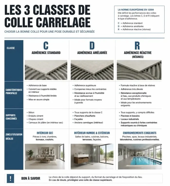 Tableau comparatif des classes de colle carrelage pour salle de bain