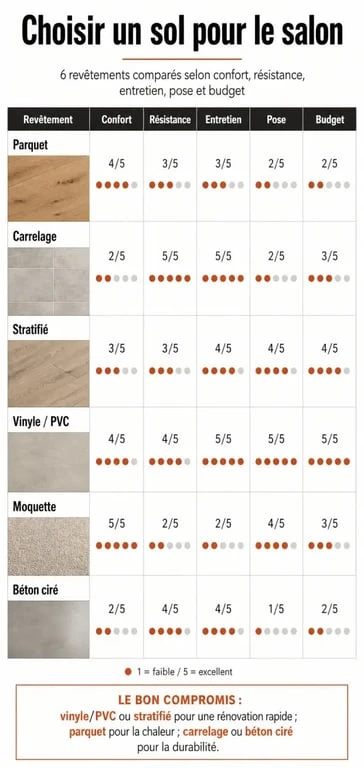 Sol pour salon : infographie comparative des principaux revêtements