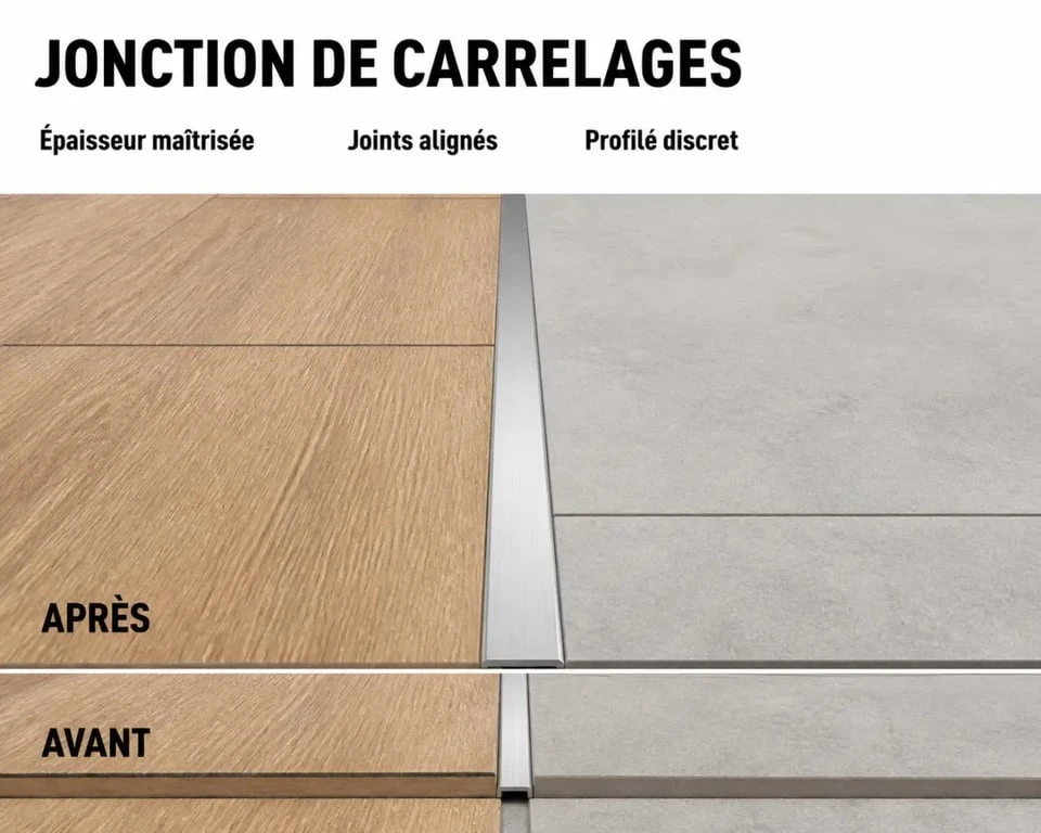 Jonction entre 2 carrelages differents avec transition propre entre imitation bois et effet béton