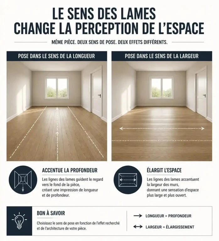 Schéma illustrant le sens de pose du parquet pour allonger ou élargir une pièce