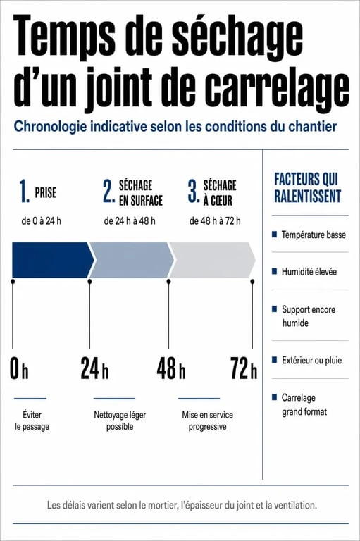 Infographie sur le temps de sechage joint carrelage avec délais de 24 h, 48 h et 72 h