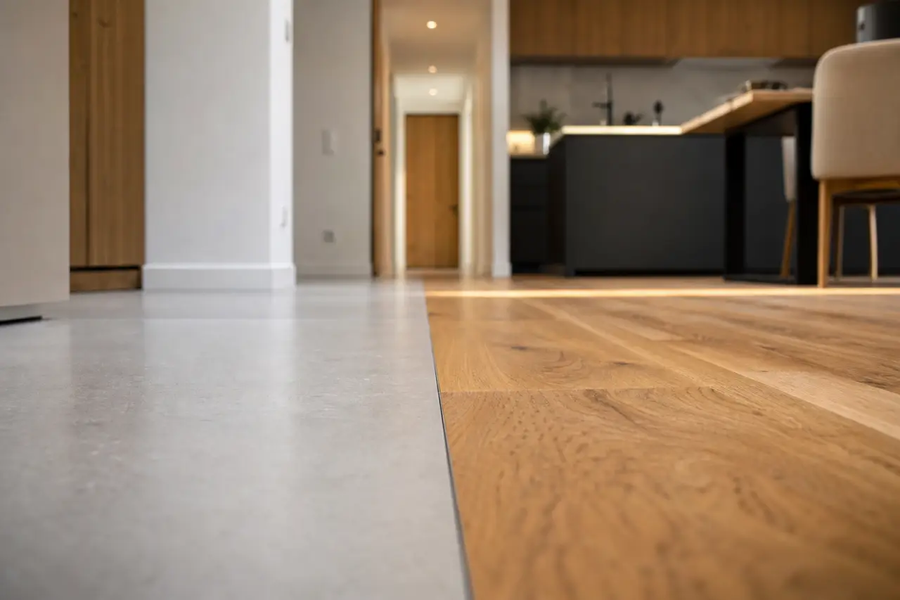 Jonction carrelage parquet sans barre de seuil avec joint souple fin