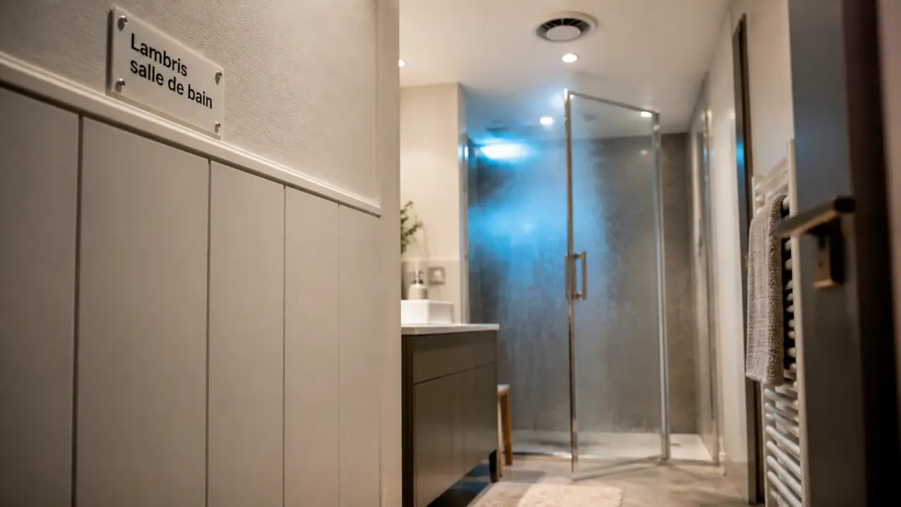 Lambris dans une salle de bain en PVC blanc mat, zone sèche près du meuble vasque