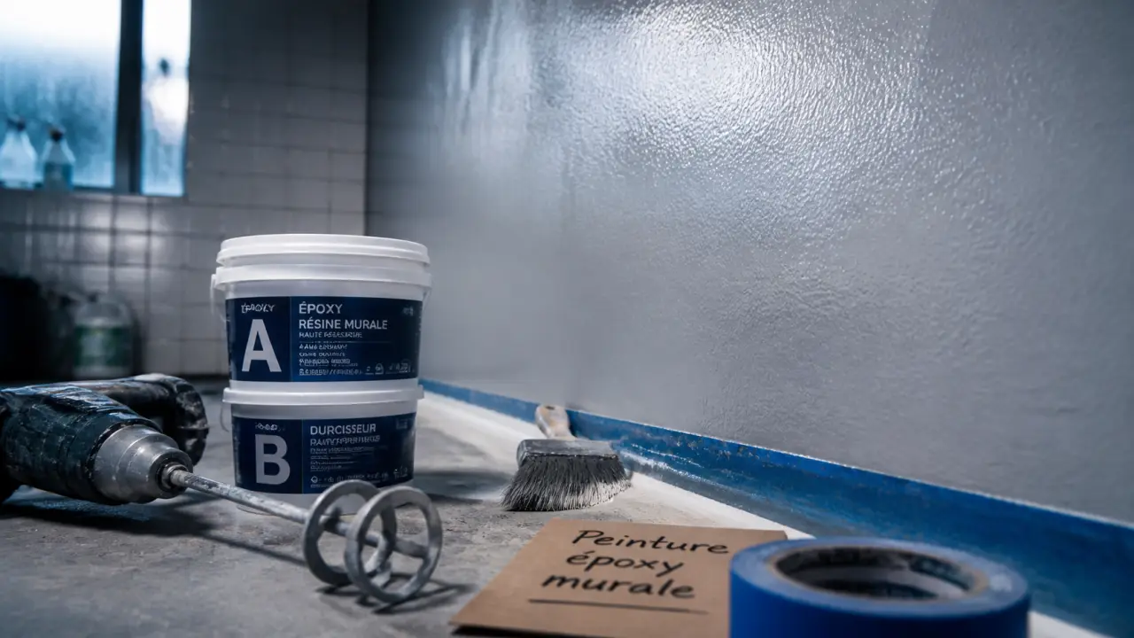 Peinture epoxy murale sur mur de garage, surface satinée prête entre couches