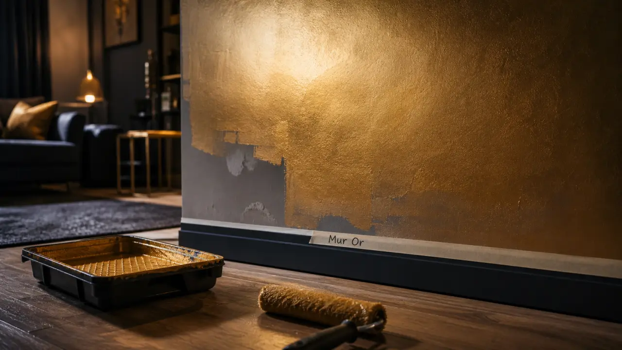 Peinture murale or sur mur, rouleau et bac à peinture pour intérieur de luxe