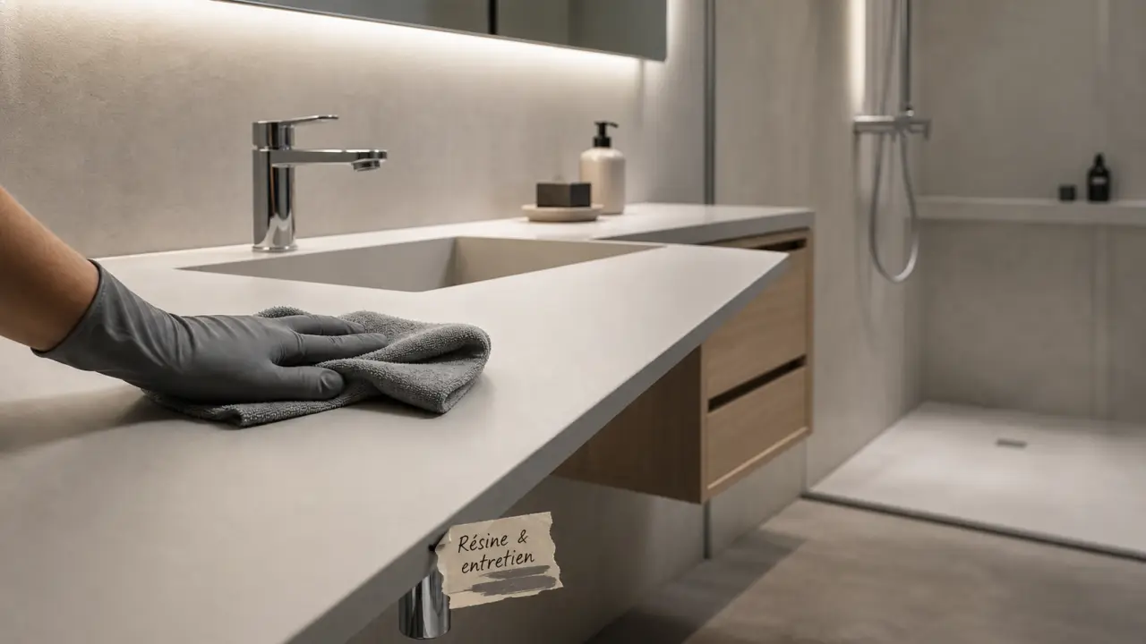 Salle de bain en resine, joints discrets et entretien doux