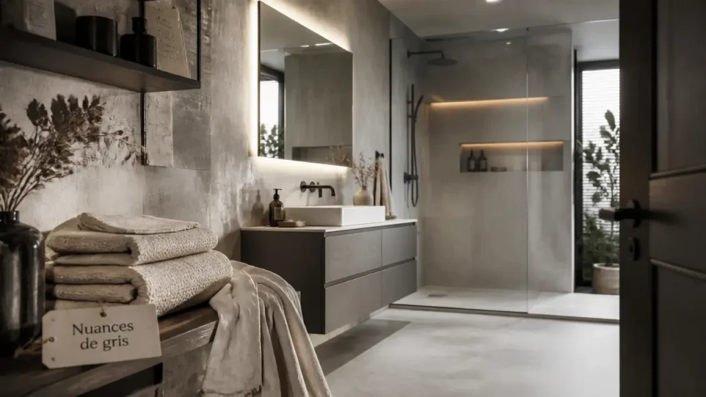 Salle de bain grise : quelles nuances, matières et couleurs pour garder une pièce lumineuse ?