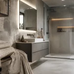 Salle de bain grise lumineuse : nuances de gris, miroir et douche