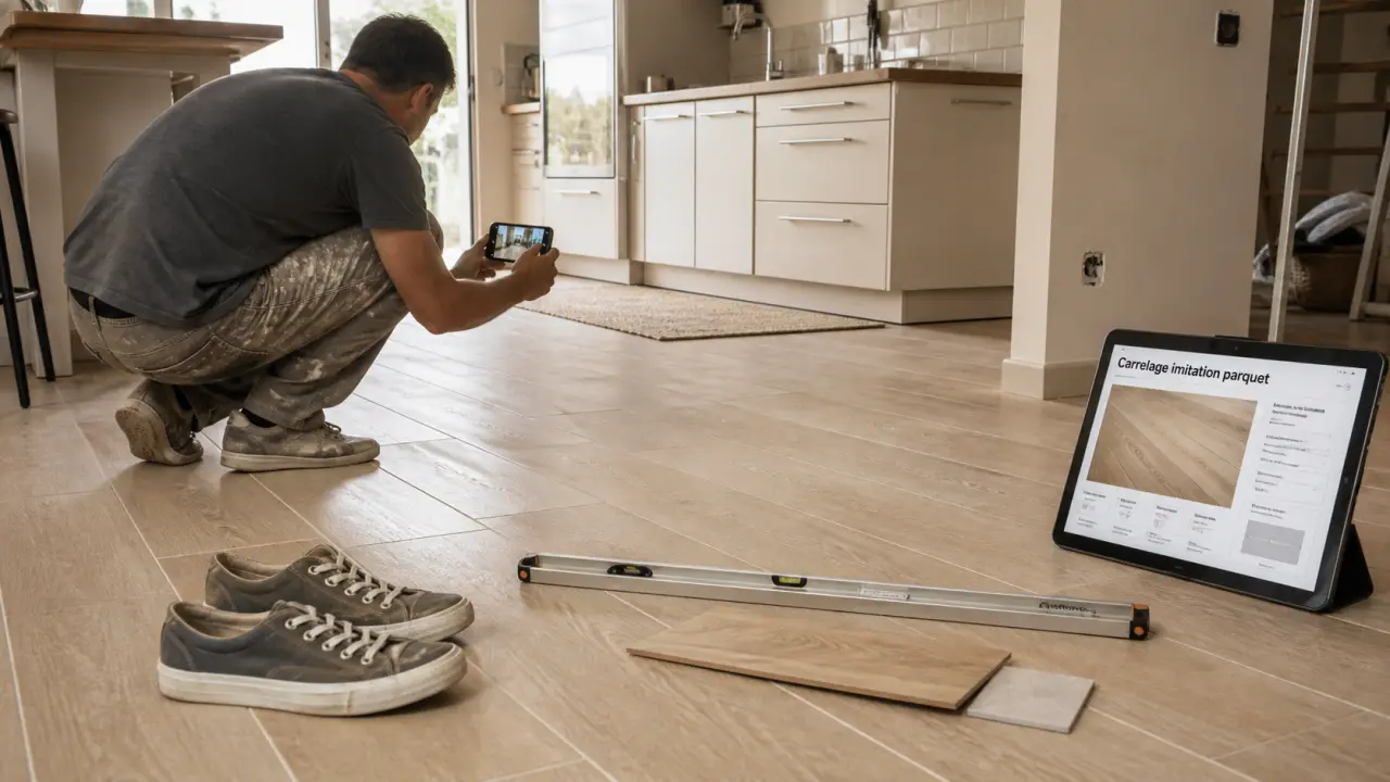 Sol carrelage et parquet en grès cérame effet parquet, cuisine lumineuse