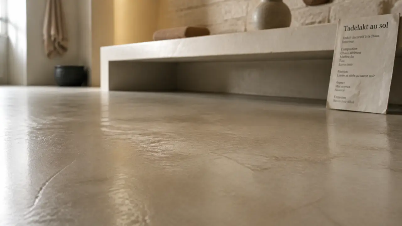 Sol tadelakt salle de bains sans joints, surface minérale lissée