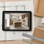 Conception cuisine logiciel 3D sur tablette, plan et échantillons de façades